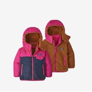 Patagonia Toddler reversible Tribbles jacket navy, pink, brown